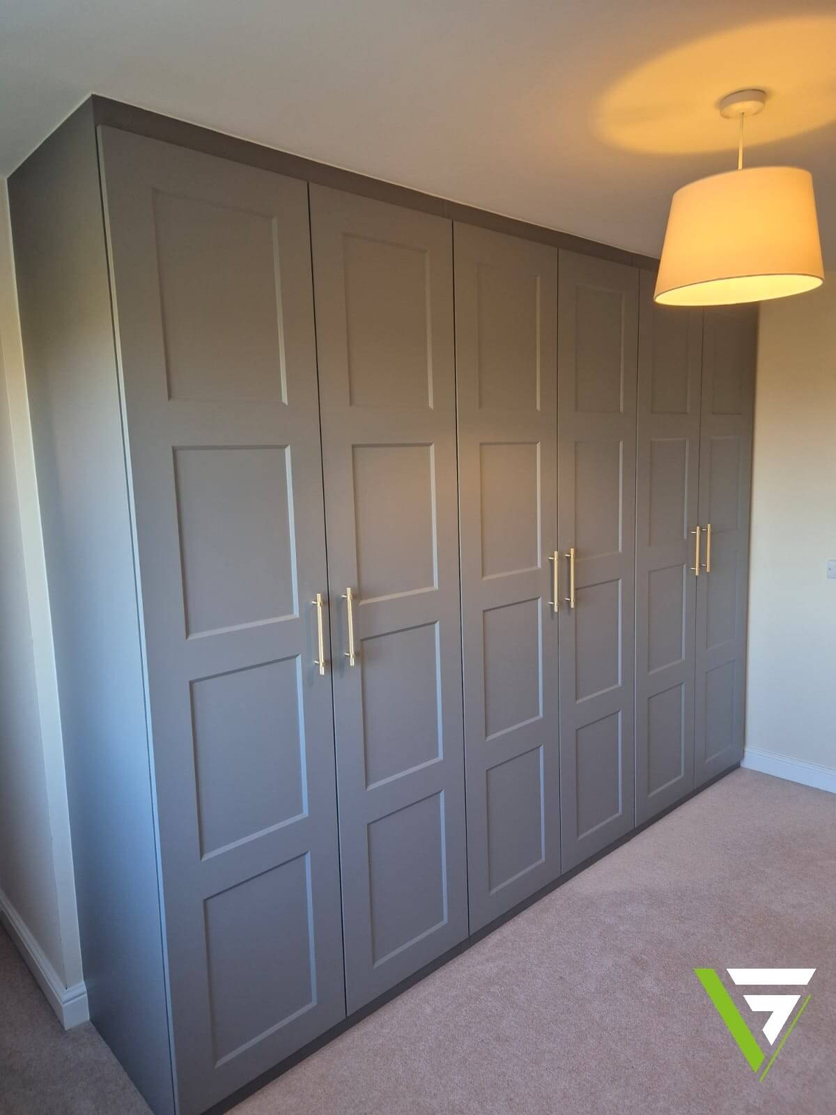Hinged wardrobes in Lichfield, dust grey four panel doors