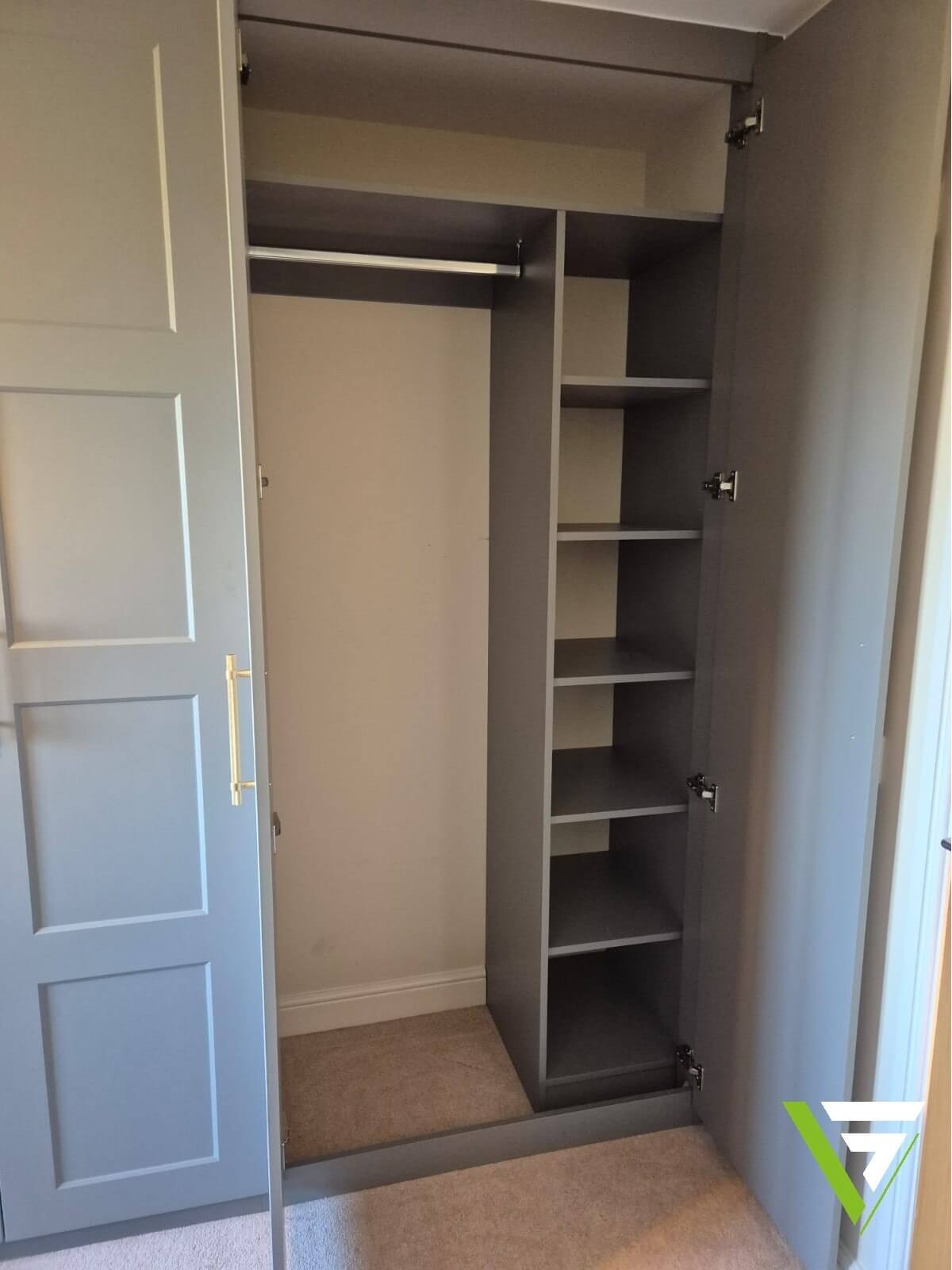 Hinged wardrobes in Lichfield, dust grey interior hanging shelves