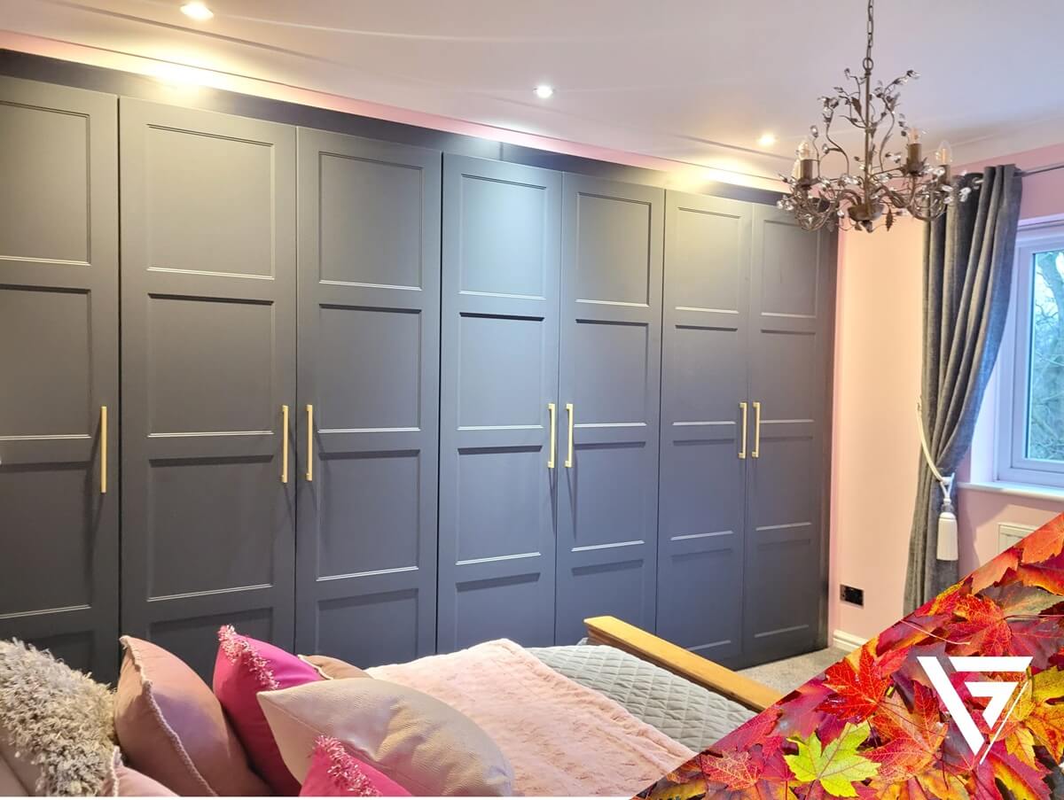Hinged wardrobes in Yoxall, colonial blue with four panel doors